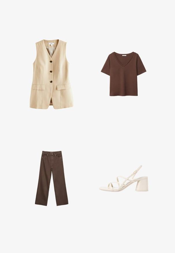 Beige väst med smala ränder och v-hals, fem svarta knappar och två framfickor. Tillverkad av ett mjukt material med skräddarsydd design.; Brun bomulls t-shirt med korta ärmar och djup V-ringning. Enkel design, mjuk textur och rak fåll. Inga mönster eller dekorationer.; Breda bruna jeans i denim med hög midja, framfickor och klassisk knäppning. Slät textur med subtil sömnad.; Beiga remsandaler med klack, rund öppen tå och medelhög blockklack. Har justerbar ankle strap och en slät, glansig yta.