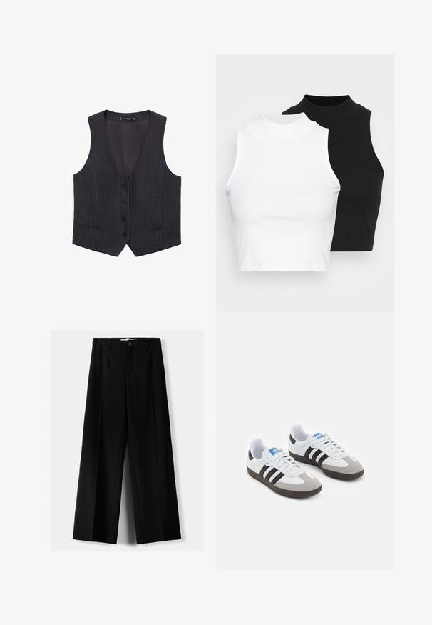 Mörkgrå rutmönstrad väst med V-hals, sex frontknappar och två sidfickor. Tillverkad av ett smidigt tyg med en skräddarsydd passform.; Två ärmlösa ribbade polotröjor i svart och vitt, med en figursydd design och slät textur, i en kortad längd.; Svarta vida byxor i lätt material, med knappstängning fram och platt front, samt väl sydda fållar.; Sportskor med överdel i vit läder, grå mocka på tårna och tre svarta ränder. Har en blå logotyp på tungan och en texturerad gummisula.