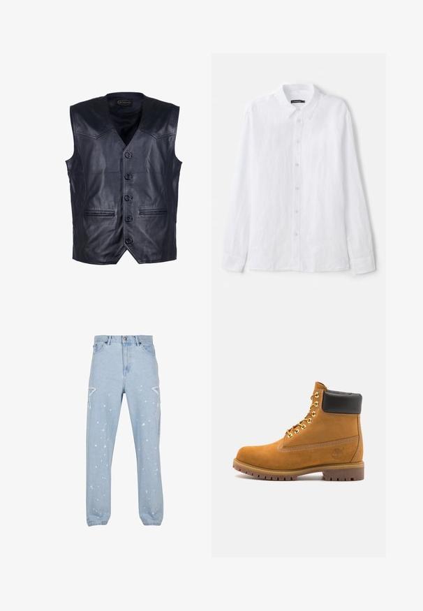 Czarna skórzana kamizelka z dekoltem w kształcie litery V, sześcioma guzikami z przodu, dwoma kieszeniami z przodu oraz gładkim, błyszczącym wykończeniem.; Biała, długa koszula z długim rękawem, zapinana na guziki, wykonana z teksturowanej tkaniny. Posiada klasyczny kołnierz oraz zapięcie na guziki z małymi, okrągłymi guzikami.; Jasnoniebieskie dżinsy o luźnym kroju, z gwiazdkowymi wycięciami, plamkami farby i klasycznym pięciopocketowym wzorem.; Beżowe zamszowe botki sięgające kostki z czarną wyściełaną krawędzią, złotymi oczkami, białymi detalami szycia oraz wytrzymałą gumową podeszwą z wyraźnym bieżnikiem.