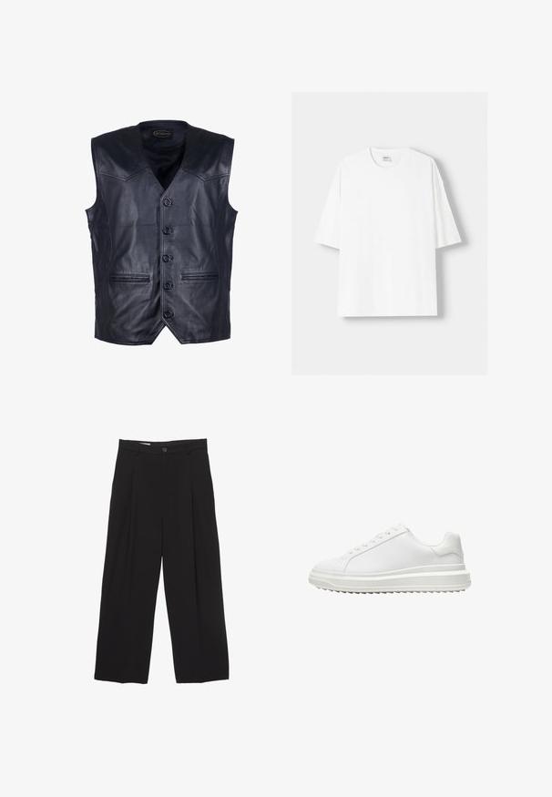Schwarze Lederweste mit V-Ausschnitt, sechs Knöpfen an der Vorderseite, zwei vorderen Taschen und einer glatten, glänzenden Oberfläche.; Weißes kurzärmliges T-Shirt aus Baumwolle mit Rundhalsausschnitt und lockerer Passform. Glatte Textur, ohne sichtbare Muster oder Akzente.; Schwarze weit geschnittene Hose aus glattem Stoff, mit flachem Taillenbund, vorderen Falten und einer einzigen Knopfverschlus.; Weißer Sneaker mit einem glatten synthetischen Obermaterial, runder Spitze, flachen Schnürsenkeln, strukturiertem Sohlen und einem geschichteten, Plattform-Design für zusätzlichen Halt.