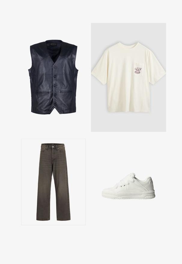 Czarna skórzana kamizelka z dekoltem w kształcie litery V, sześcioma guzikami z przodu, dwoma kieszeniami z przodu oraz gładkim, błyszczącym wykończeniem.; Bawełniany t-shirt w kolorze ecru z krótkimi rękawami, z kieszenią na lewej piersi oraz bordowym napisem i grafiką. Luźny fason i okrągły dekolt.; Szerokie dżinsy w ciemnoszarym denimu, z wysokim stanem, klasycznym pięciopocketowym wzorem i kontrastowym przeszyciem wzdłuż szwów.; Białe sneakersy z gładką skórzaną powierzchnią, wyściełanym językiem, płaskimi sznurówkami oraz teksturowanymi akcentami po bokach i na pięcie.