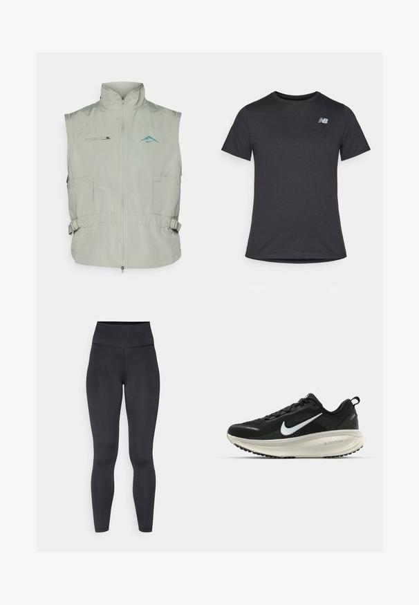 Nike Performance TRAIL REPEL VEST - Vest - jade horizon/bicoastal; Sort kortærmet t-shirt lavet af blødt stof, med et lille gråt New Balance-logo på den øverste venstre bryst, klassisk crew neck design.; Højtaljede sorte leggings lavet af strækbart materiale, med en glat overflade og tætsiddende design, med minimale sømdetaljer.; Sort Nike løbesko med åndbart mesh-overdel, hvidt swoosh-logo, tekstureret detaljering og en cremede ZoomX mellemsål.