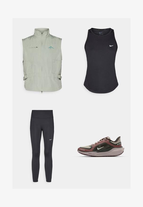 Nike Performance TRAIL REPEL VEST - Γιλέκο - jade horizon/bicoastal; Μαύρο αθλητικό αμάνικο μπλουζάκι κατασκευασμένο από υλικό που απορροφά την υγρασία. Διαθέτει στρογγυλή λαιμόκοψη, στενή εφαρμογή και λευκό λογότυπο Nike στο στήθος.; Μαύρες κολάν από ελαστικό ύφασμα, με ψηλή μέση και λευκό λογότυπο Nike στο αριστερό μηρό. Λείος υφής, εφαρμοστή σχεδίαση.; Nike Performance AIR ZM PEGASUS 41 GTX - Παπούτσια για τρέξιμο σε δρόμο - malt/barely green/sequoia/red sepia/burgundy crush/platinum violet