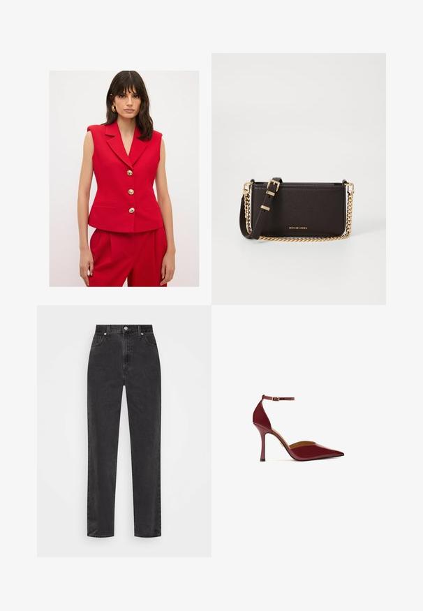 adL PEPLUM - Weste - red; Weißes Hemd mit langen Ärmeln, strukturiertem Kragen und abgerundetem Saum. Hergestellt aus einem glatten, einfarbigen Stoff ohne sichtbare Muster oder Akzente.; Schwarze Denim-Jeans mit geradem Bein, hoher Taille, vorderem Knopf und Reißverschluss sowie fünf Taschen auf weißem Hintergrund.; Burgunderfarbene High Heels mit glänzender Oberfläche, spitz zulaufender Zehenpartie, einem Knöchelriemen mit goldener Schnalle und einem schlanken Stiletto-Absatz.; MICHAEL Michael Kors BRYANT SM XBODY POUCHETTE - Umhängetasche - chocolate