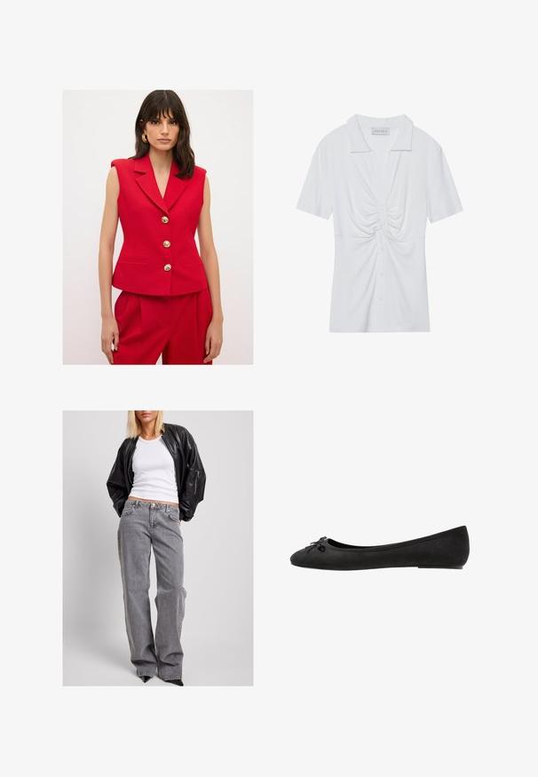 adL PEPLUM - Liivi - red; Valkoinen lyhythihainen paita, jossa on kaulus ja etuosa, jossa on kierretty solmu sekä napitettava etuhalkio. Suora riipusmateriaali.; Musta nahkabomberitakki, valkoinen ribbipaita ja korkeavyötäröiset harmaat farkut, joissa on väljä malli, huomaamattomat tikkaukset ja koristeelliset taskut.; Mustat nahan ballet-kengät, joissa on pyöreä varvas, etuosassa koristeellinen sulka ja litteä pohja. Silkkinen pinta ja klassinen muoto.