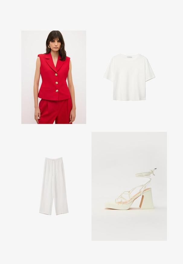 adL PEPLUM - Vest - red; Hvid kortærmet t-shirt lavet af bomuld. Har en rund halsudskæring og en afslappet pasform. Glat tekstur uden synlige mønstre eller detaljer.; Hvide bukser med bred benlængde lavet af et letvægtsstof. Har et elastisk talje med snor og sidelommer. Glat tekstur.; Hvide højhælede sandaler med en kraftig hæl, der har et stropdesign og ankelbinding. Glat tekstur med en platform foran for ekstra højde.