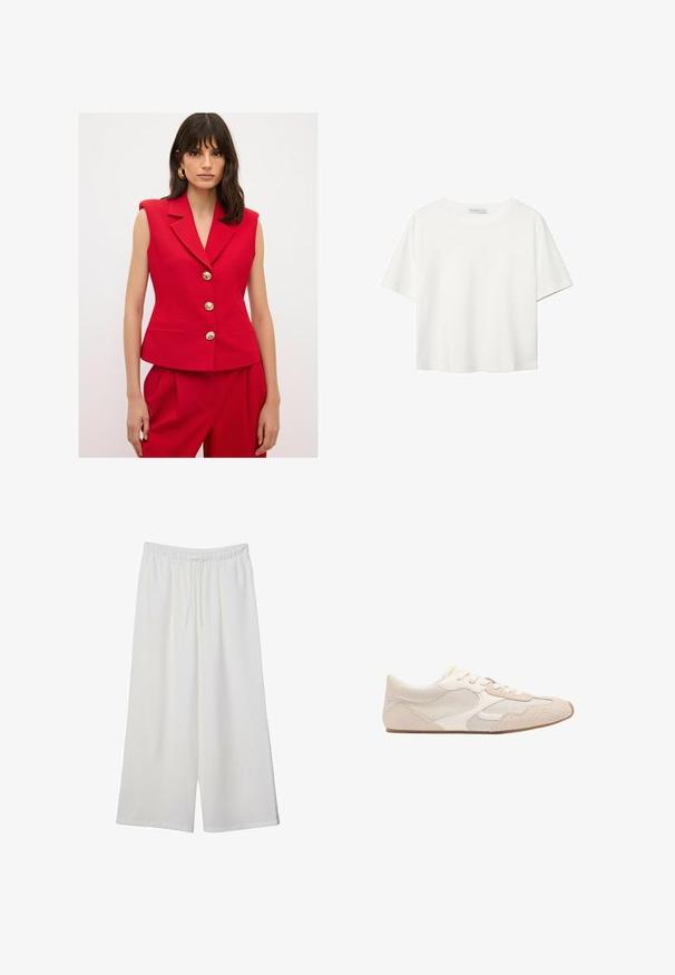 adL PEPLUM - Weste - red; Weißes T-Shirt mit kurzen Ärmeln aus Baumwolle. Hat einen Rundhalsausschnitt und eine lockere Passform. Glatte Textur ohne sichtbare Muster oder Akzente.; Weiße, weit geschnittene Hosen aus leichtem Stoff, mit einem elastischen Bund und einem Zugband für eine verstellbare Passform. Glatte Textur.; Beige Sportschuh aus einer Mischung von Mesh- und Wildledermaterialien, mit runder Zehenpartie und Schnürsenkeln. Strukturierte Akzente im Obermaterial verbessern den Halt.