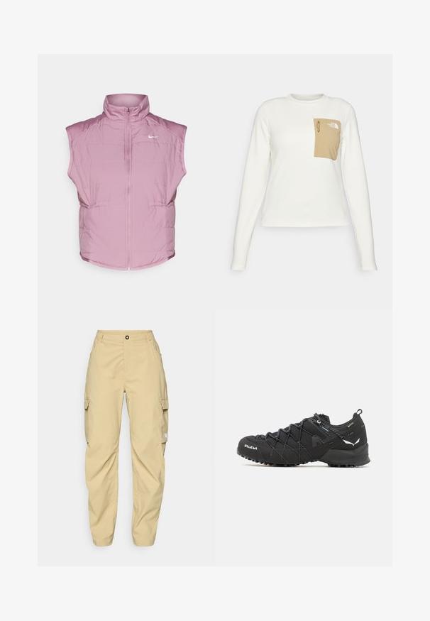 Nike Performance SWIFT VEST - Weste - plum dust; Weißes Langarmhemd aus strukturiertem Stoff mit einer beigen aufgesetzten Tasche, die einen Kordelzug und ein Logo trägt.; The North Face EXPLORATION CARGO PANTS - Outdoor-Hose - khaki stone; Schwarze Wanderschuhe mit einem strukturierten Obermaterial aus Stoff, Schnürsystem und robuster Gummisohle. Akzentuiert mit reflektierenden Details und Logos.