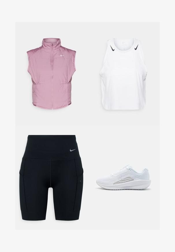 Nike Performance SWIFT VEST - Smanicato - plum dust; Top senza maniche bianco realizzato in tessuto leggero, con accenti del logo Nike nero sulle spalle, scollatura rotonda e vestibilità morbida.; Shorts sportivi neri a vita alta realizzati in materiale elasticizzato; presentano tasche laterali e un piccolo logo Nike sulla vita.; Scarpa sportiva bianca con tomaia in rete, punta arrotondata e suola testurizzata. Presenta il logo Nike in argento e un design minimalista.