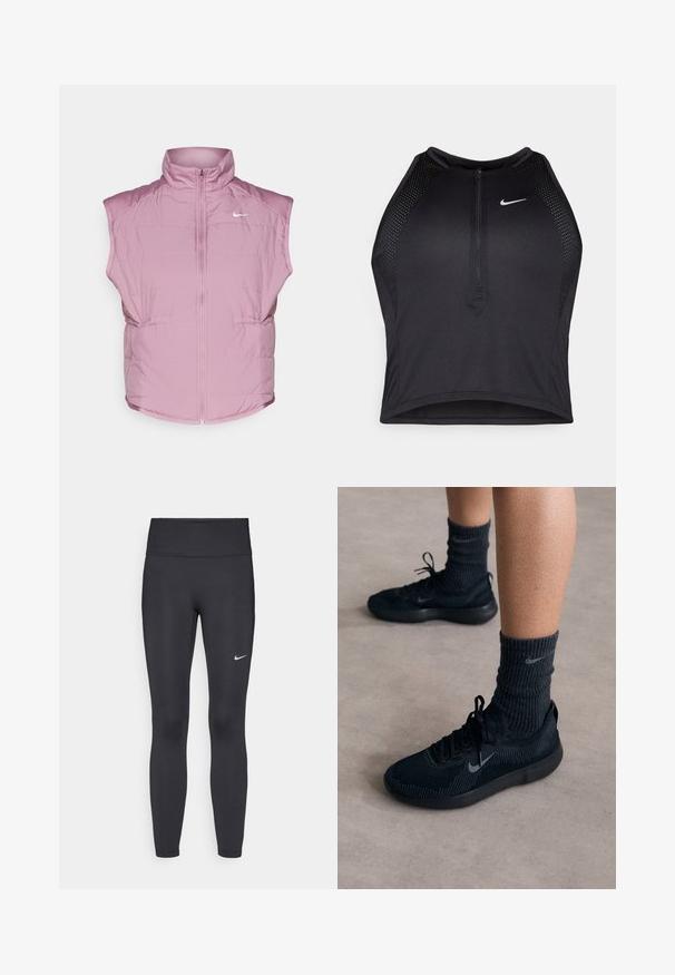 Nike Performance SWIFT VEST - Vest - plum dust; Svart idretts crop top med glidelås foran, mesh-detaljer og en figurvennlig design. Laget av elastisk, pustende materiale. Nike-logo på forsiden.; Sorte leggings laget av elastisk stoff, med høy livlinje og en hvit Nike-logo på venstre lår. Glatt tekstur, kroppsnær passform.; Sorte Nike-sko med teksturert strikket overdel, med en grå swoosh-logo, kombinert med mørke, ribbede sokker. Flat gummisål.