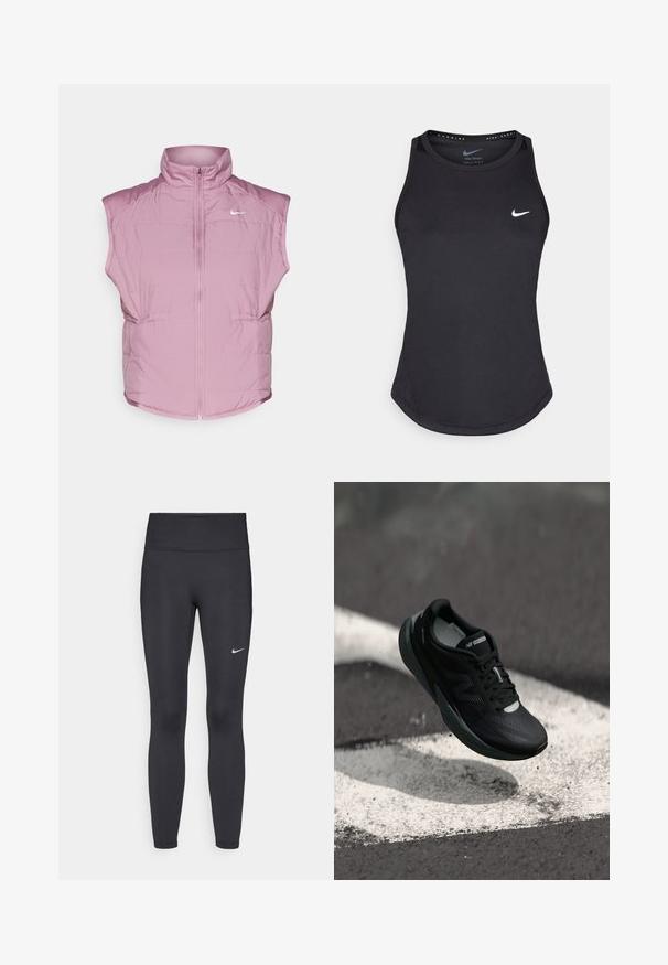 Nike Performance SWIFT VEST - Bodywarmer - plum dust; Zwarte sporttanktop gemaakt van vochtregulerend materiaal. Heeft een ronde hals, een smalle pasvorm en het witte Nike-logo op de borst.; Zwarte legging van rekbare stof met een hoge tailleband en een wit Nike-logo op de linkerdij. Gladde textuur, aansluitend ontwerp.; Zwarte hardloopschoen met een gestructureerde bovenkant, slank ontwerp en reflecterende accenten. Heeft een zachte, gevoerde zool voor comfort.