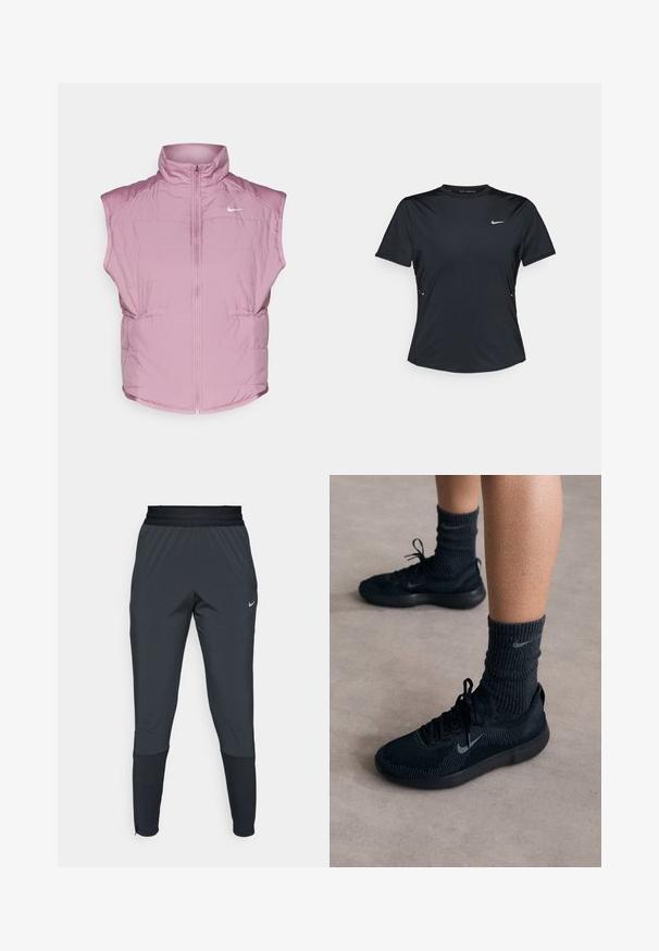 Nike Performance SWIFT VEST - Bodywarmer - plum dust; Zwarte sportieve t-shirt met korte mouwen, gemaakt van lichtgewicht, vochtafvoerende stof. Heeft een ronde hals en een klein wit Nike-logo op de borst.; Nike sportieve broek in donkergrijs, met een tapered leg ontwerp, elastische tailleband en accentdetails bij de boorden.; Zwarte Nike-sneakers met een gestructureerde breisolen, voorzien van een grijze swoosh-logo, gedragen met donkere geribde sokken. Vlakke rubberen zool.