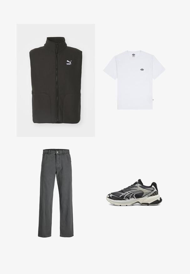 Melna vilnas veste ar augstu apkakli, divām priekšējām kabatām un centrālo rāvējslēdzēju. Uz kreisā krūts ir balts Puma logo.; Balta kokvilnas t-krekls ar īsām piedurknēm, ar mazu melnu logotipu uz krūtīm un birku apakšējā kreisajā stūrī.; Tumši pelēki, plati džinsi no denima. Iekļauj priekšējo pogu un rāvējslēdzēju, jostas cilpas un klasisku piecu kabatu dizainu.; Melnas sporta kurpes ar acu audumu un sintētiskām piedevām, ar mīkstu apkakli, struktūru virsmu un sudraba akcentiem modernā dizainā.