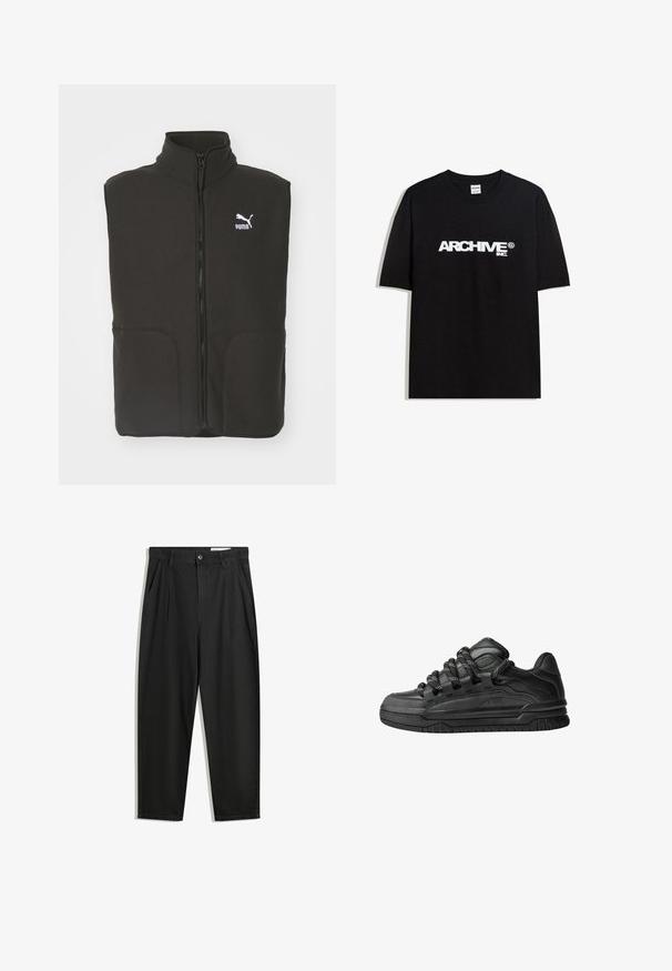 Čierna fleecová vesta s vysokým golierom, dvoma prednými vreckami a centrálnym zipsom. Na ľavej hrudi sa nachádza biele logo Puma.; Čierne bavlnené tričko s krátkymi rukávmi a okrúhlym výstrihom, s bielym logom "ARCHIVE inc." na hrudi.; Čierne bavlnené nohavice s voľným strihom, s klasickým pásom, prednými záhybmi a bočnými vreckami. Hladká textúra bez vzorov.; Čierne tenisky s hladkým koženým zvrškom, štruktúrovanými akcentami a okrúhlymi čierno-bielymi šnúrkami. Hrubá gumená podrážka s vzorovaným dezénom.
