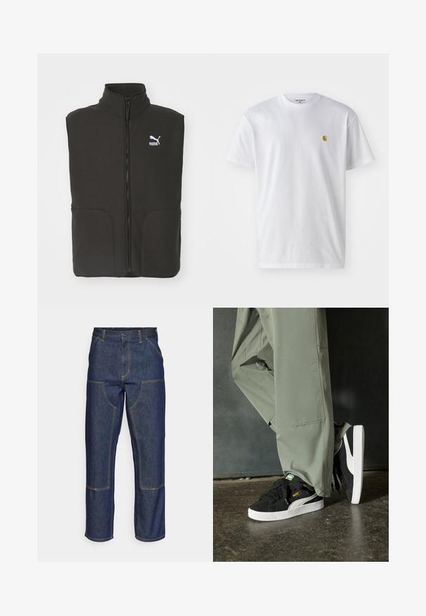 Černá fleecová vesta s vysokým límcem, dvěma předními kapsami a centrálním zipem. Na levé straně hrudi je bílý logo Puma.; Bílé bavlněné tričko s krátkým rukávem a kulatým výstřihem, s malým zlatým logem na levé straně hrudi. Měkká textura a klasický střih.; Tmavě modré džíny s vysokým pasem, rovnými nohavicemi, kontrastním šitím a nášivkami na přední straně.; Černé semišové tenisky s bílými gumovými podrážkami a bočními pruhy, spárované se světle zelenými cargo kalhotami, stojící na texturovaném tmavém povrchu.