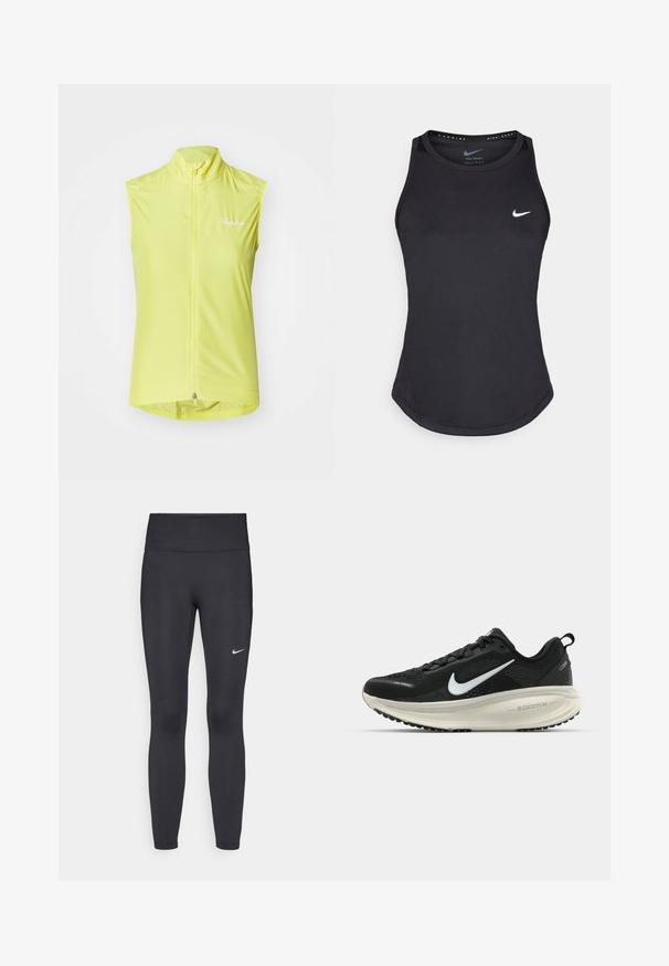 Gilet da ciclismo senza maniche di un brillante colore giallo, realizzato in tessuto leggero con cerniera frontale, dotato di un colletto alto e di un logo sul petto.; Top sportivo nero realizzato in materiale traspirante. Presenta un colletto rotondo, una vestibilità slim e il logo Nike bianco sul petto.; Leggings neri realizzati in tessuto elasticizzato, con una vita alta e un logo Nike bianco sulla coscia sinistra. Tessuto liscio, design aderente.; Scarpa da corsa nera Nike con tomaia in rete traspirante, logo Swoosh bianco, dettagli testurizzati e intersuola ZoomX di colore crema.