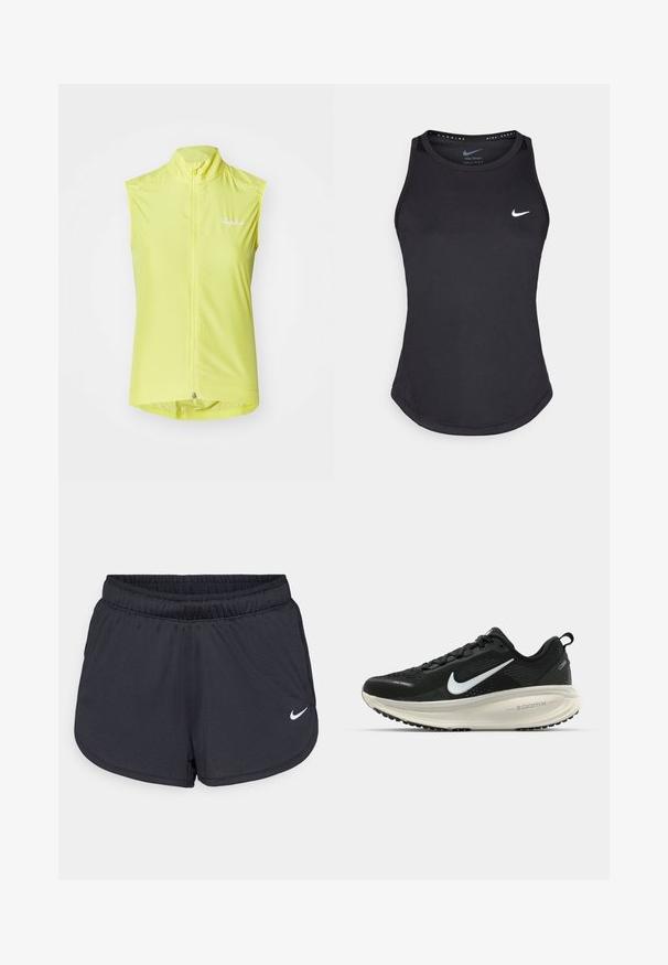 Ujjatlan kerékpáros mellény élénk sárga színben, könnyű anyagból készült, elülső cipzárral, magas gallérral és logóval a mellen.; Fekete sportos ujjatlan felső, nedvességelvezető anyagból készült. Kerek nyaka van, slim fit fazonú, és a mellrészen fehér Nike logóval rendelkezik.; Fekete sportos rövidnadrág, könnyű, légáteresztő anyagból készült. Rugalmas derékpánttal rendelkezik, és a jobb alsó oldalon fehér Nike logó található.; Fekete Nike futócipő légáteresztő hálós felsőrésszel, fehér Swoosh logóval, textúrázott részletekkel és krém színű ZoomX középtalppal.