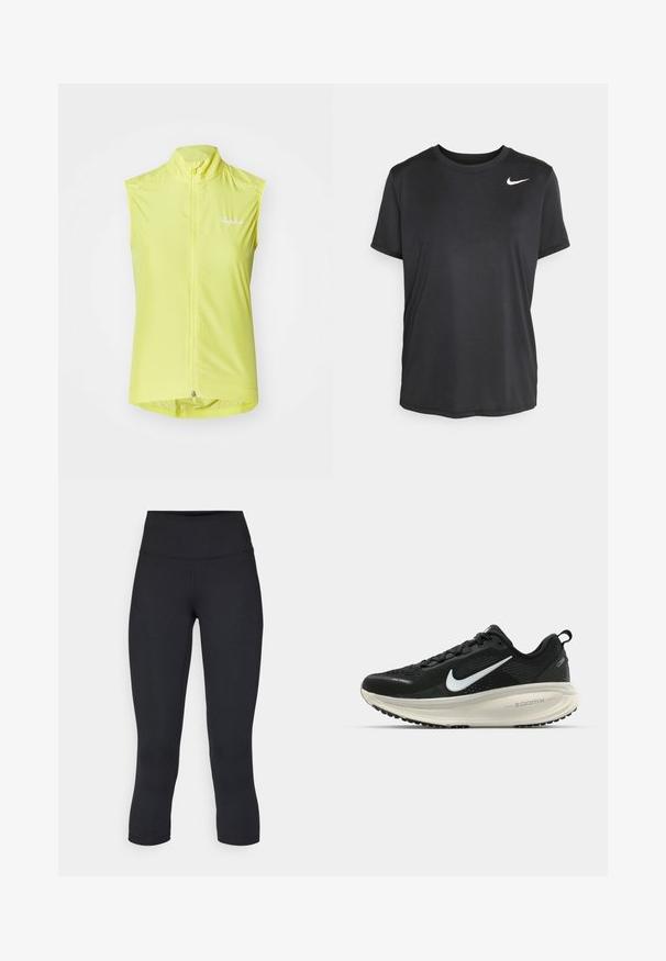 Gilet da ciclismo senza maniche di un brillante colore giallo, realizzato in tessuto leggero con cerniera frontale, dotato di un colletto alto e di un logo sul petto.; T-shirt atletico nero a maniche corte realizzato in un tessuto liscio e leggero, con un piccolo logo Nike bianco sulla parte superiore sinistra.; Leggings cropped neri realizzati in tessuto elasticizzato, con vita alta e texture liscia, senza motivi o componenti visibili.; Scarpa da corsa nera Nike con tomaia in rete traspirante, logo Swoosh bianco, dettagli testurizzati e intersuola ZoomX di colore crema.