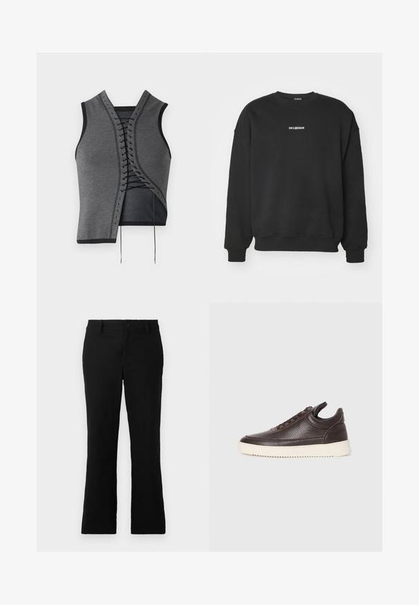 Gray sleeveless top featuring a laced front design with black accents and eyelets, textured fabric, and an asymmetrical cut.; Black sweatshirt made of soft fabric, featuring a crew neckline and long sleeves. Small white text logo on the chest. Simple, unadorned design.; Black flared trousers made of cotton blend fabric, featuring a button closure, belt loops, and a smooth texture with no visible patterns.; Dark brown textured leather sneaker with lace-up front and white ridged rubber sole on a plain light background.