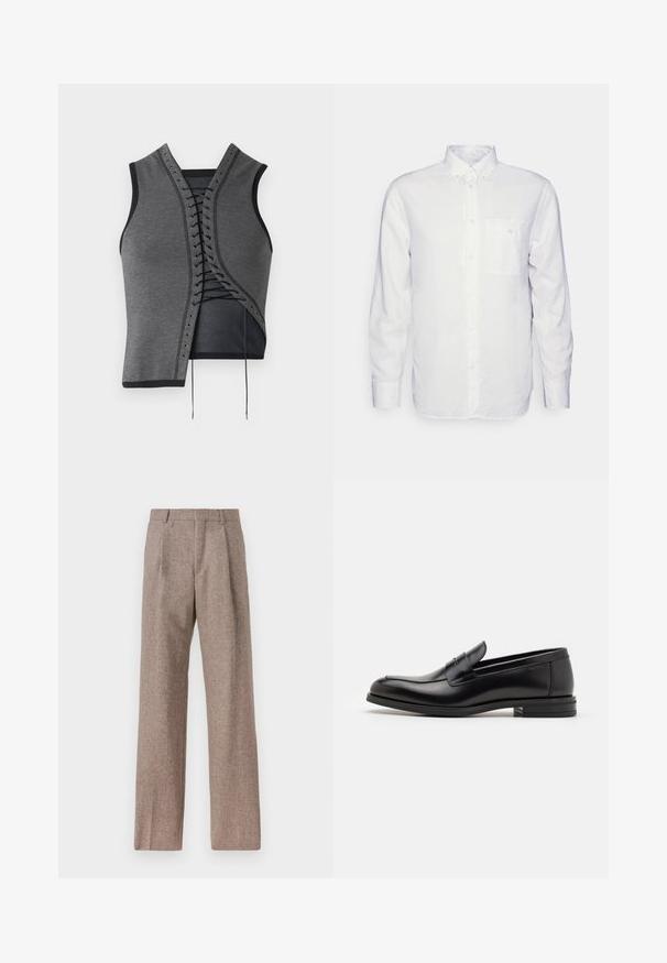 Graues ärmelloses Oberteil mit einem geschnürten Vorderdesign in Schwarz und Ösen, strukturiertem Stoff und asymmetrischem Schnitt.; Langärmliges, weißes Hemd aus Baumwolle mit Button-Down-Kragen, Fronttasche und normalem Schnitt. Strukturierter Stoff mit glatter Oberfläche.; Braune, hochtaillierte Hose aus strukturiertem Stoff. Mit weitem Bein und zwei vorderen Bügelfalten für zusätzliche Form. Saubere Verarbeitung ohne sichtbare Hardware.; Schwarze Lederloafers mit glatter Textur, rundem Zehenbereich und einem dekorativen Riemen über dem Vorderfuß. Niedriger, gestapelter Absatz, minimalistisches Design.