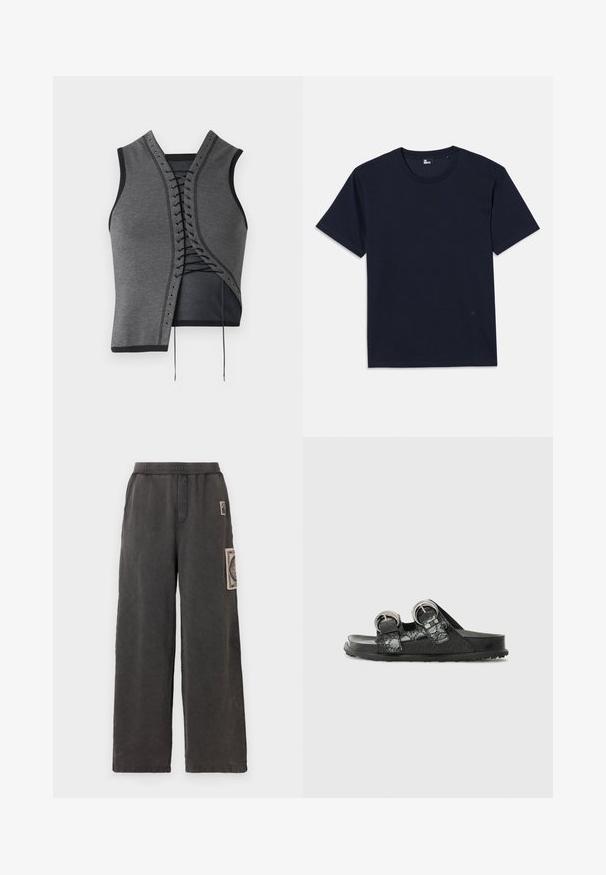 Top sin mangas gris con un diseño frontal de encaje que presenta acentos negros y ojales, tejido texturizado y un corte asimétrico.; Camiseta de algodón azul marino con mangas cortas, cuello redondo y detalles de costura mínimos. Diseño simple sin patrones o acentos visibles.; Pantalones de pierna ancha en tela gris oscuro, con un parche decorativo en el bolsillo delantero y una cintura elástica para mayor comodidad.; Sandalias negras con acabado brillante, que cuentan con dos correas ajustables con hebillas y un patrón texturizado en la parte superior. Suela de goma plana.