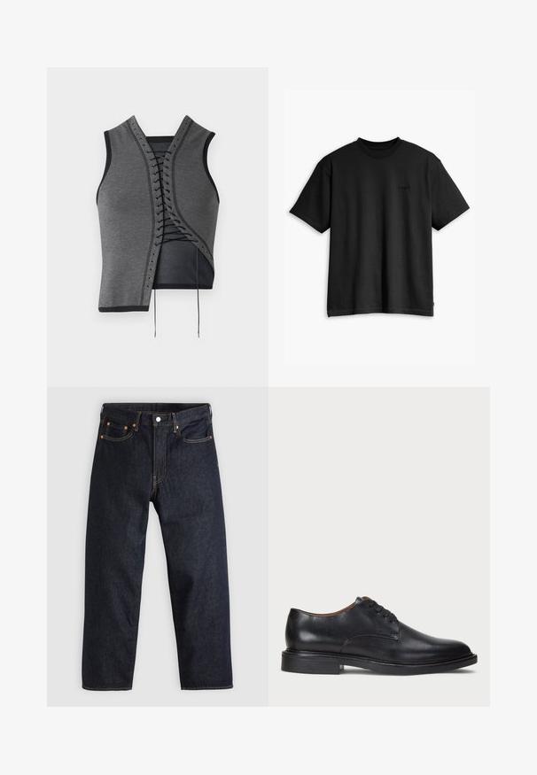 Top grigio senza maniche con un design frontale in pizzo con accenti neri e occhielli, tessuto testurizzato e taglio asimmetrico.; T-shirt nera in cotone con collo rotondo e maniche corte. Presenta un logo frontale sottile e un orlo dritto. Design semplice e minimalista.; Jeans in denim blu scuro con taglio dritto, cinque tasche, cuciture arancioni a contrasto e chiusura con bottone. Nessun motivo o decorazione visibile.; Scarpa da uomo in pelle nera con punta rotonda, design con lacci e tacco basso impilato. Texture liscia con dettagli di cucitura minimi.