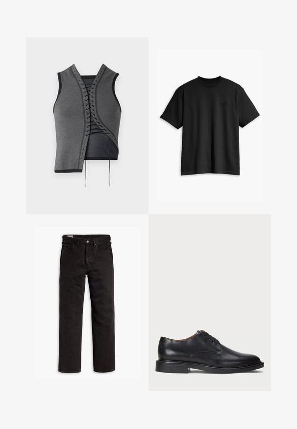 Top sin mangas gris con un diseño frontal de encaje que presenta acentos negros y ojales, tejido texturizado y un corte asimétrico.; Camiseta de algodón negra con cuello redondo y mangas cortas. Presenta un sutil logotipo en la parte delantera y un dobladillo recto. Diseño simple y minimalista.; Vaqueros de mezclilla negros de pierna recta con cinco bolsillos, cierre de botón y trabillas para cinturón, dispuestos sobre un fondo blanco.; Zapato de vestir de cuero negro con punta redonda, diseño con cordones y un tacón bajo apilado. Textura lisa con detalles de costura mínimos.