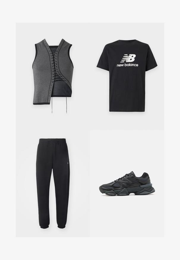 Harmaa ilmanhihaista toppia, jossa on pitsiyksityiskohta edessä mustilla tehosteilla ja rei'illä, teksturoitu kangas ja epäsymmetrinen leikkaus.; Musta puuvillainen T-paita, jossa on valkoinen New Balance -logo ja graafinen design edessä. Lyhyet hihat ja pyöreä kaula-aukko.; Mustat collegehousut, jotka on valmistettu pehmeästä materiaalista, joustavalla vyötärönauhalla, narukiristimellä ja kavennetuilla lahkeilla, joissa on huomaamaton logo sivussa.; Musta juoksukenkä, jossa on yhdistelmä verkko- ja synteettisiä materiaaleja, paksu pohja, kaareva muotoilu ja näkyvä brändäys sivussa.