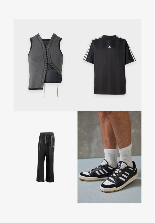 Siva brezrokavnik z vgraviranim sprednjim dizajnom z črnimi poudarki in očiščenimi luknjicami, teksturirano blago in asimetrični kroj.; Crna majica s kratkimi рукави in belimi трими črtami na ramah ter majhnim belim logotipom na prsih. Gladka tekstura tkanine.; Črne sintetične športne hlače z elastičnim pasom, z belimi stranskimi črtami in s majhnim belim logotipom na levem kolku.; Črno-bele superge z zgornjim delom iz usnja in nubuka, ki imajo tri bele črte, perforiran vrh prstov in podplat iz gume.
