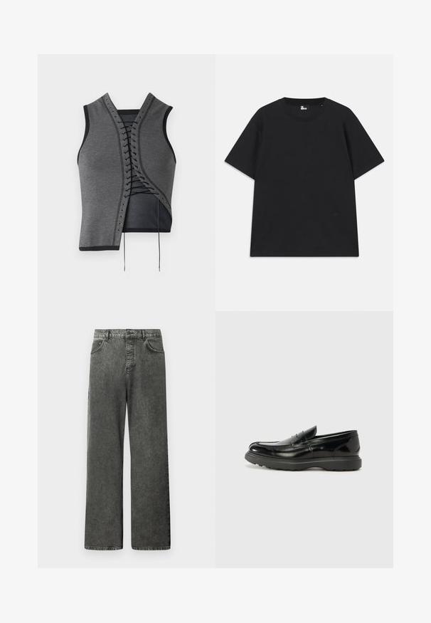 Gray sleeveless top featuring a laced front design with black accents and eyelets, textured fabric, and an asymmetrical cut.; Black short-sleeve t-shirt made of cotton, featuring a round neckline and a small logo detail near the hem. Smooth texture, regular fit.; Black wide-leg denim jeans with front and back pockets, belt loops, and a button closure at the waist.; Black leather loafer with a glossy finish, rounded toe, subtle stitching details, and a thick rubber sole for durability.