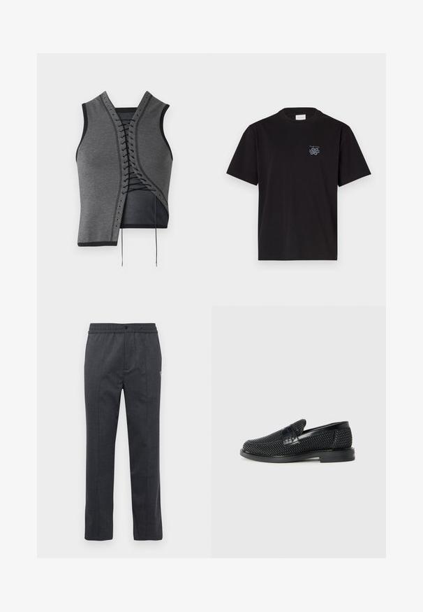 Šedý bezrukávový top s vlečkou vpředu, černými akcenty a očka, texturovaná látka a asymetrický střih.; Černé bavlněné tričko s kulatým výstřihem a krátkými rukávy. Na levé části hrudi se nachází malé modré logo. Jednoduchý, rovně střižený design.; Tmavě šedé kalhoty rovného střihu s elastickým pasem, předním zapínáním na knoflík a jemným vyšitým detailem na pravé straně.; Černé pletené nazouvací boty s hladkým koženým akcentem na svršku, kulatou špičkou a nízkoprofilovou gumovou podrážkou.