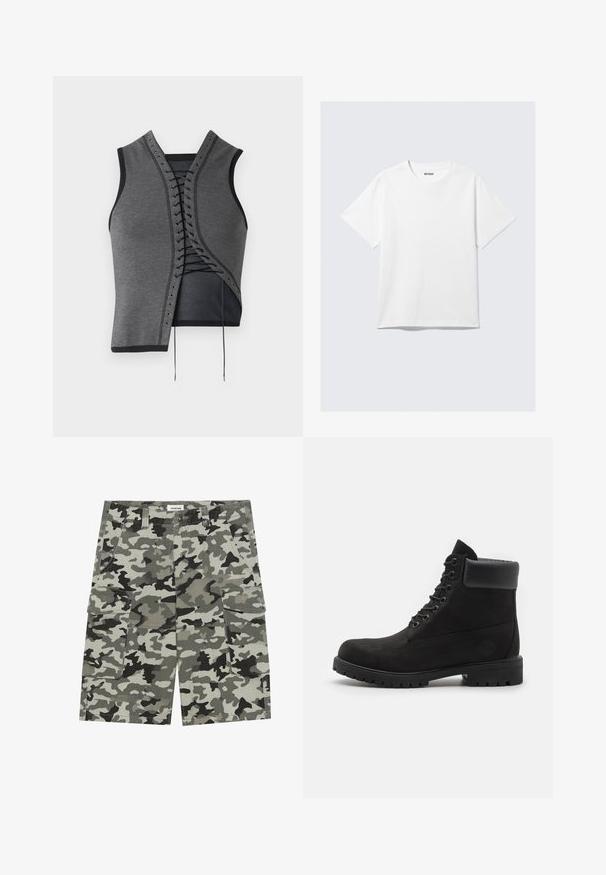 Hallidehė hallhita särk, millel on pitsiline esiosa mustade aktsentidega ja silmadega, tekstureeritud kangas ja asümmeetriline lõige.; Valge puuvillane T-särk, millel on ümar kaelus ja lühikesed varrukad. Sirge hem, ilma mustrite või aktsentideta, pakkudes lihtsat disaini.; Kamuflaažiga cargo lühikesed püksid halli ja rohelise tooni, mitme tasku, nööbiga sulgemise ja tugeva kangatextuuriga.; Mustade lacesega pahkluu saapad pehme kraega ja robustse tallaga, kujutatud profiilis valge taustaga.