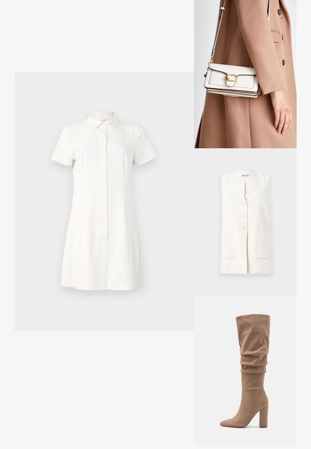 Lanena prsluk u krem boji s V-izrezom, zatvaranjem na pet dugmadi i dva prednja džepa. Teksture tkanine sa prirodnim finišem.; Kratke rukave, s gumbima zatvoren haljina od bijelog materijala. Ima ovratnik, lepršavi rub i dva bočna džepa. Glatka tekstura s klasičnim dizajnom.; Anna Field Čizme - beige; Bijela kožna torba na preklop s zlatnom kopčom, s izrađenim dizajnom, kontrastnim rubovima i tankim podešivim remenom.