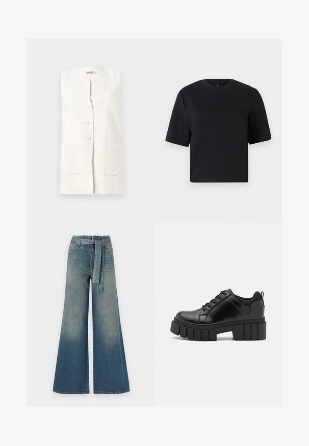 Linen telovnik v kremni barvi s V-izrezom, zapiranjem na pet gumbov in dvema sprednjima žepoma. Teksturirana tkanina z naravnim zaključkom.; Črna kratka majica s kratkimi rokavi, okroglo izrezana, izdelana iz gladkega bombažnega materiala; udoben kroj, minimalističen dizajn, brez vidnih vzorcev ali dodatkov.; Široke jeans hlače z gradientom od svetlo do temno modre, visokim pasom, zankami za pas in pasom iz istega materiala. Tekstura denim končnica.; Črne usnjene platforme z debelim blokastim petam, okroglo konico in klasičnim vezanjem. Imajo gladko teksturo in minimalne podrobnosti.