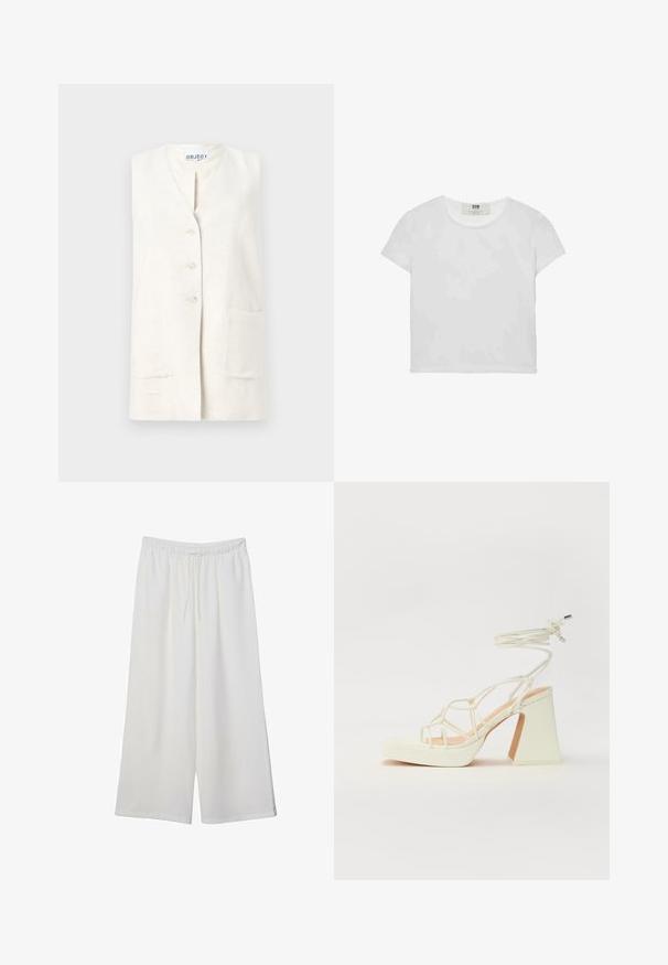 Gilet en lin de couleur crème avec un décolleté en V, fermeture à cinq boutons et deux poches avant. Tissu texturé avec une finition naturelle.; T-shirt blanc à manches courtes et col rond, en coton doux, avec un design simple et épuré, sans motifs ni accents visibles.; Pantalons larges blancs en tissu léger, avec une taille élastique et un cordon de serrage pour un ajustement réglable. Texture lisse.; Sandale blanche à talons hauts avec un talon épais, présentant un design à lanières et un lien autour de la cheville. Texture lisse avec une plateforme à l'avant pour une hauteur supplémentaire.