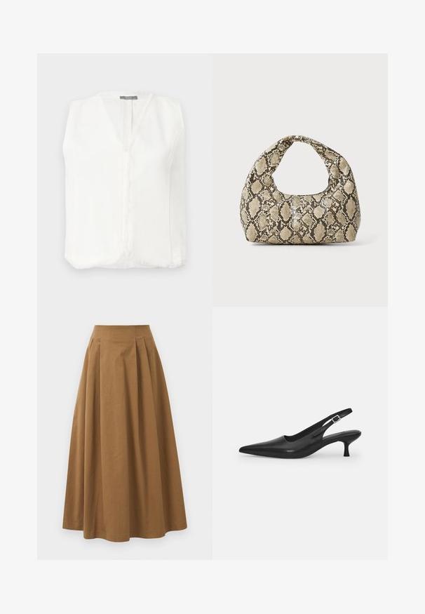 Valge ilma varrukateta pluus V-kujuline kaelus, mille servadel on fringeränt ja keskel luku sulgemiseks. Sile ja kerge kangas.; Valge nööpidega särk, mis on valmistatud siledast puuvillast. Särgil on klassikaline krae, pikad varrukad ja kaarduv äär. Nöödid on väikesed ja valged.; Pruun puuvillane A-line seelik kõrge vöökohaga, millel on voldid ees ja sile tekstuur. Pika serva viimistlus on puhas ja lihtne.; Mustmustast musta nahast slingback king, millel on terav varvas ja kitsas, kumer konts. Omab diskreetset reguleeritavat rihma metallist pandlaga.; Musta käärmeprindiga kott kõveraga käepidemega. Valmistatud tekstiilsetest, beežidest ja pruunidest materjalidest, millel on iseloomulik rombikujuline muster.