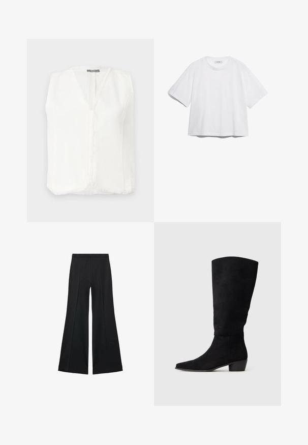 Biela bezrukávová blúzka s výstrihom do V, s strapcami pozdĺž okrajov a stredným zipsom na zapínanie. Hladká, ľahká látka.; Biela bavlnená tričko s krátkymi rukávmi, okrúhlym výstrihom, vo voľnom strihu, bez viditeľných vzorov alebo grafiky. Hladká textúra a jednoduchý dizajn.; Čierne široké nohavice s hladkou textúrou, s prednými záhybmi a elegantným strihom. Materiál je ľahký a pruhlý.; Čierne semišové čižmy po kolená s nízkym blokovým podpätkom a špicatou špičkou, zobrazené v bočnom pohľade na jednoduchom svetlošedom pozadí.