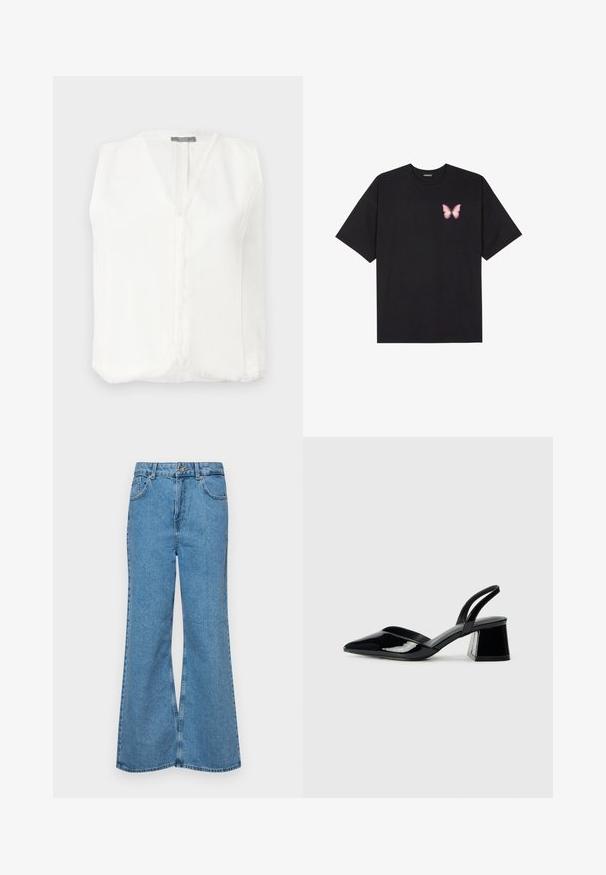 Vit ärmlös blus med V-ringning, som har en fransdetalj längs kanterna och en central dragkedja för stängning. Slätt, lättviktigt tyg.; Svart bomullströja med korta ärmar, med en liten rosa fjärilsgrafik på vänster bröst. Rundad halsdesign med en avslappnad passform.; Ljust blå vida jeans i denim, med hög midja, fem fickor och en enda knappstängning. Mjuk textur med blekt finish.; Svarta lackläder slingback klackar med spetsig tå och geometrisk klack. Har en elegant, minimalistisk design och slät yta.