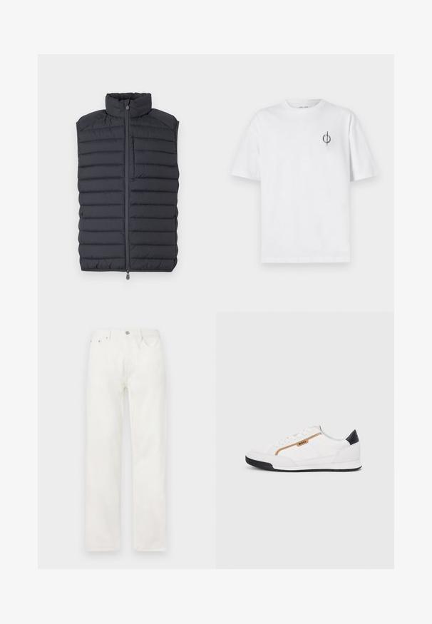 Tumedatehall puffer vest kõrge kraega, horisontaalne tikand, ees lukk ja väike lukuga tasku rinnal.; Valge puuvillane t-särk lõdva sobivusega, millel on vasakul rinnal väike must graafiline logo. Lühikesed varrukad, ümmargune kaelus.; Valged denim teksad sirge lõikega, nööbi ja tõmblukuga sulgemine, viie taskuga disain ning ilma nähtavate mustrite või aktsentideta.; Valged sportlikud jalatsid, millel on võrkkangas ja nahkdetailid. Omab kuldset "BOSS" logo, tekstureeritud külgpaneele ja musta kontsakaant. Kummist tallad.