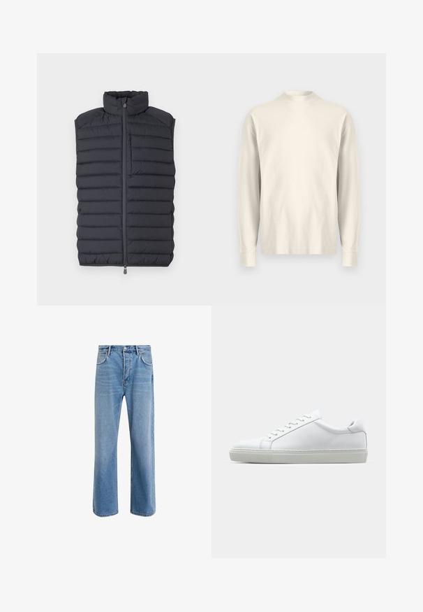 Gilet imbottito grigio scuro con colletto alto, design a righe orizzontali, zip frontale e una piccola tasca con zip sul petto.; Maglietta a maniche lunghe con colletto alto in cotone color crema chiaro. Texture liscia, vestibilità comoda, design minimalista, senza motivi o dettagli visibili.; Jeans in denim blu chiaro con design a gamba dritta, cinque tasche, chiusura con bottone, leggero sbiadimento e dettagli di cucitura a contrasto.; Sneaker bianco con tomaia in pelle liscia e profilo basso. Presenta una punta arrotondata, sei occhielli e una suola in gomma testurizzata.