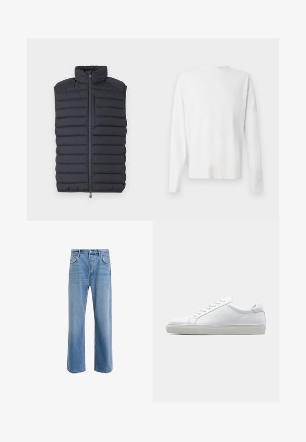 Tumedatehall puffer vest kõrge kraega, horisontaalne tikand, ees lukk ja väike lukuga tasku rinnal.; Pikad varrukad, valge puuvillane särk ümmarguse kaelusega, külgedel lõhikud all ja sile tekstuur, nähtav tagant.; Heledad sinine teksapüksid otse lõikega, viie taskuga, nupuga sulgemine, minimaalne kulumine ja kontrastsed õmbluse detailid.; Valge tennisetoss, millel on sile nahk pealis ja madal profiil. Omab ümarat ninaosa, kuut silmust ja tekstuuriga kummist talda.