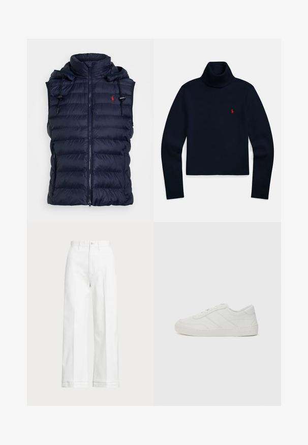 Colete acolchoado azul-marinho com gola alta, fecho de correr e capuz com cordão ajustável. Apresenta seções acolchoadas horizontais e bolsos laterais.; Camisola de gola alta de manga comprida em azul-marinho com um pequeno logótipo vermelho bordado no lado esquerdo do peito.; Calças brancas de perna larga com uma cintura alta, apresentando um fecho de botão e detalhes de costura discreta. Feitas de algodão com uma textura suave.; Sapatilha de couro branco com atacadores planos, bico arredondado e detalhes de costura subtis. Apresenta uma sola texturizada e um logótipo da marca em relevo no calcanhar.