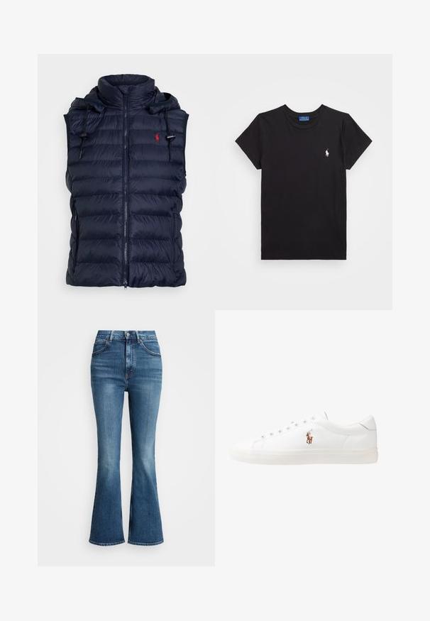 Tumedast sinine puffvest kõrge kraega, lukuga ja reguleeritava nööriga kapuutsiga. Omab horisontaalselt tikitud sektsioone ja küljetaskuid.; Mustang musta puuvillane T-särk, ümar kaelus, lühikesed varrukad ja valge embroideritud logo vasakul rinnal. Sile tekstuur, juhuslik disain.; Keskmise sinise denimi kõrge vöökohaga laienevad teksad, millel on klassikaline viie tasku disain ja kontrastõmblused. Servad on töötlemata.; Valged nahast tossud, madala ülaservaga disain, millel on sile tekstuur, ümar varvas, nööridega esiosa ja väike tikand logoga küljel.