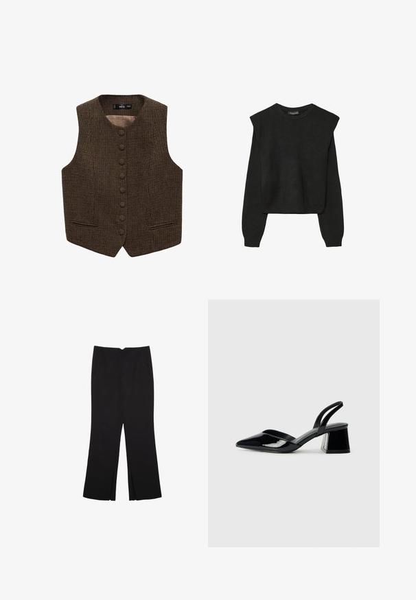 Braun-karierter Weste mit hohem Kragen, mehreren vorderen Knöpfen und Seitentaschen. Glattes Innenfutter erhöht den Tragekomfort.; Schwarzer, langärmeliger, gestrickter Pullover mit gepolsterten Schultern sowie gerippten Bündchen und Saum, dargestellt vor einem weißen Hintergrund.; Schwarze Hose mit geradem Schnitt, ausgestattet mit Fronttaschen und Seitenschlitzen am Saum. Hergestellt aus weichem, glattem Stoff. Geeignet für verschiedene Anlässe.; Schwarze Lackleder-Slingback-High Heels mit spitzem Schuh und einem geometrischen Blockabsatz. Verfügt über ein schlankes, minimalistisches Design und eine glatte Textur.