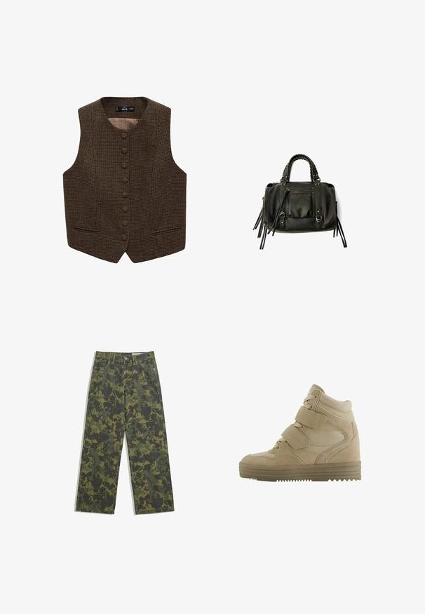 Brun houndstooth vest med høj hals, flere forsøgsknapper og sidelommer. Glat inderside forbedrer komforten.; Hvid langærmet top med bådudskæring. Lavet af blødt materiale, harflammende ærmer og en lige kant, hvilket giver et enkelt og alsidigt design.; Camo vide benbukser i mørkegrøn og oliven, prydet med et bladmønster. Lavet af bomuld med et klassisk fem-lomme design og knaplukning.; Beige højhælede sneakers med et design i ruskind og mesh, justerbare velcro-stropper og en tykk gummisål med en zigzag-mønster.; Sort læderhåndtaske med flettede håndtag, lynlåslomme og hængende frynser. Tekstureret overflade med metalnitter og hardware-accenter.
