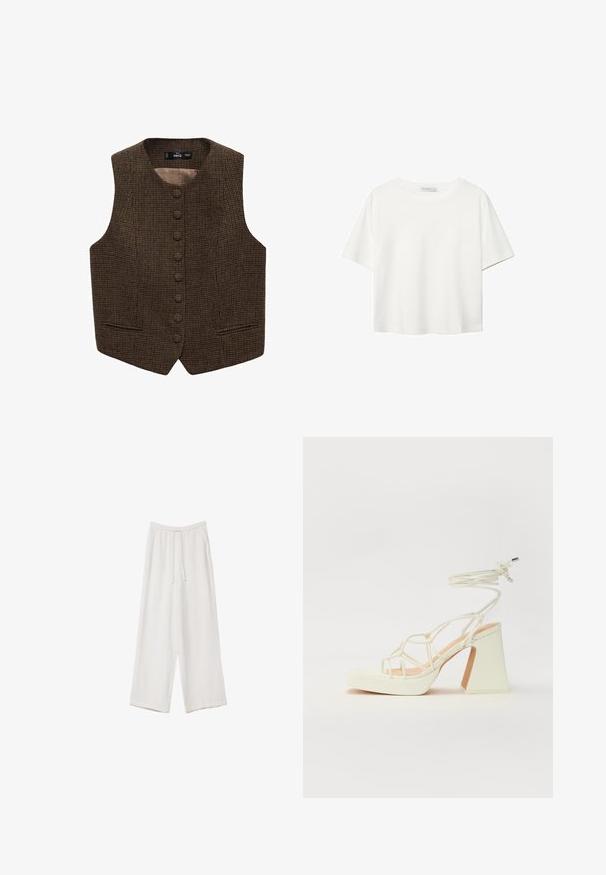 Vesti prugasti smeđe boje sa visokim izrezom, više prednjih dugmadi i bočnim džepovima. Glatka unutrašnja obloga povećava udobnost.; Valkoinen lyhythihainen T-paita, joka on tehty puuvillasta. Siinä on pyöreä kaula-aukko ja rento malli. Silkkinen pinta ilman näkyviä kuvioita tai koristeita.; Valkoiset leveälahkeiset housut kevyestä kankaasta. Ominaisuuksiin kuuluu elastinen vyötärö, jossa on nauhakuuluma ja sivutaskut. Sileä rakenne.; Valkoinen korkokenkä, jossa on paksu korko, ja joka sisältää nauhakiinnityksen ja nilkkaketjun. Sujuva pinta, jossa on platform-etupohja lisäkorkeutta varten.