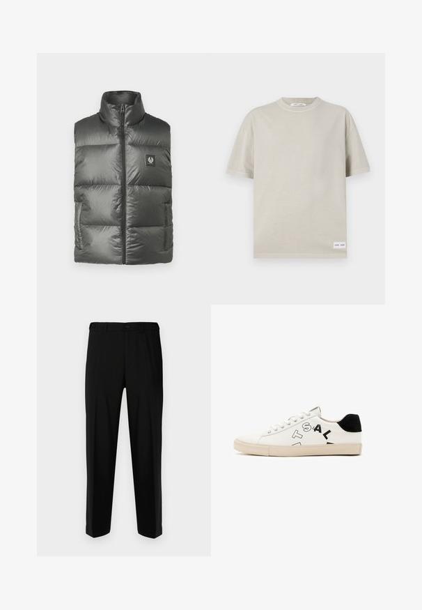 Belstaff RESOLVE GILET - Chaleco - gunmetal; Camiseta de manga corta de color beige claro, hecha de una tela suave, con un escote redondo y una pequeña etiqueta en la parte inferior izquierda.; Pantalones negros de tela suave, con corte recto, dos bolsillos frontales y cremallera con cierre de botón.; Zapatilla de cuero blanca con acentos negros en el talón, con letras negras en negrita en el lateral y suela de goma. Diseño minimalista.