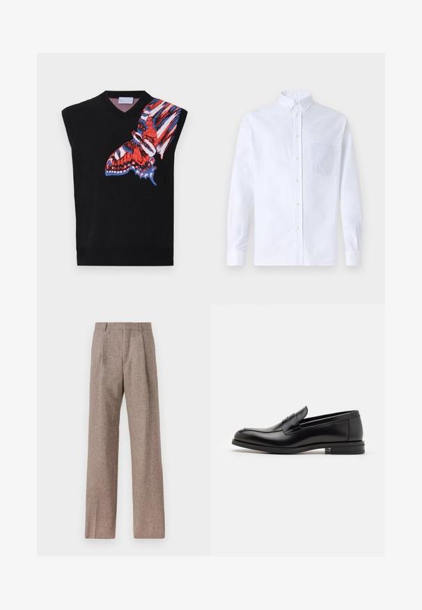 Černý bezrukávový pletený top s barevným motivem motýla v červené, modré a bílé barvě na levé straně; design s výstřihem do V a žebrovaným lemem.; Bílá dlouhá košile s knoflíky vyrobená z bavlny, která má náprsní kapsu s tónovanou výšivkou, límec a knoflíkové manžety.; Hnědé kalhoty s vysokým pasem vyrobené z texturované látky. Mají široké nohavice a dva přední sklady pro strukturu. Úhledné provedení bez viditelné kovových částí.; Černé kožené polobotky s hladkou texturou, zaoblenou špičkou a zdobným páskem přes nárt. Nízký stohovaný podpatek, minimalistický design.