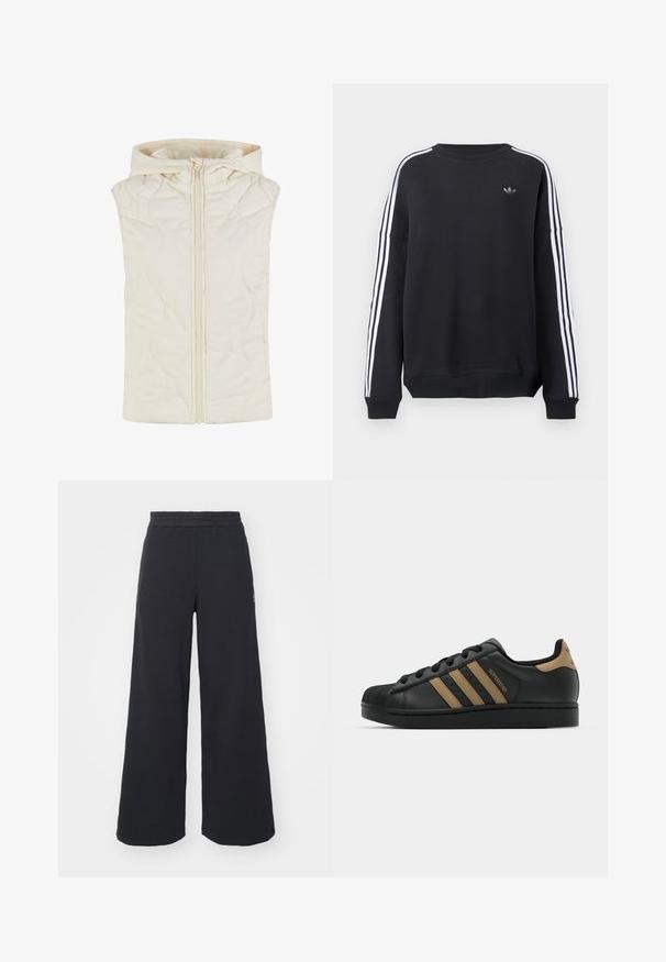 Gequiltte gilet in crème kleur, met een capuchon, vooraan een rits en een soepel textuur met golfpatronen op de stof.; Zwarte sweatshirt met lange mouwen, witte strepen langs elke arm en een klein grijs logo op de borst. Gemaakt van katoen, casual pasvorm.; Zwarte wijde sweatpants gemaakt van zachte stof, met een elastische tailleband en een klein logo aan de linkerkant.; Zwarte leren sneaker met drie bruine strepen, gestructureerde rubberen neus, vetersluiting aan de voorkant en platte zwarte zool. Heeft een subtiele logo op de hiel.