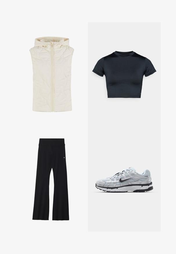 Quiltet vest i kremfarge, med hette, frontlås og glatt tekstur med bølgemønstre på stoffet.; Kortermet cropped topp i mørk marineblå, laget av glatt, stretchstoff. Har rund hals og minimale sømdetaljer. Ingen synlige logoer.; Sorte, flagrende yogabukser i elastisk materiale, med bred linning og en liten logo nær hoften. Glatt tekstur, uten mønstre.; Nike P-6000 sneakers med en lys grå mesh-overdel, sorte detaljer og en slitesterk svart gummisåle. Har et intrikat design og snøresystem.